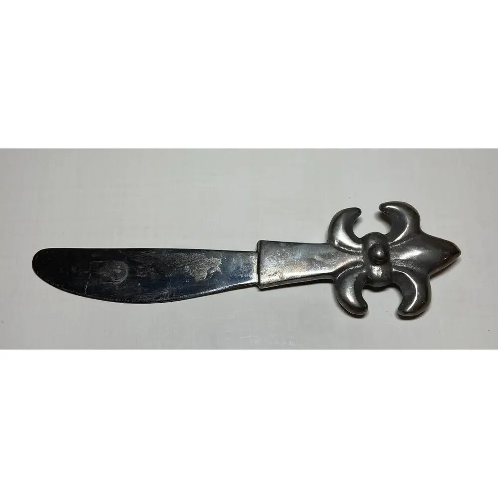 Vintage Pewter Fleur-De-Lis Cheese Dip Bowl & Spreader Knife Set